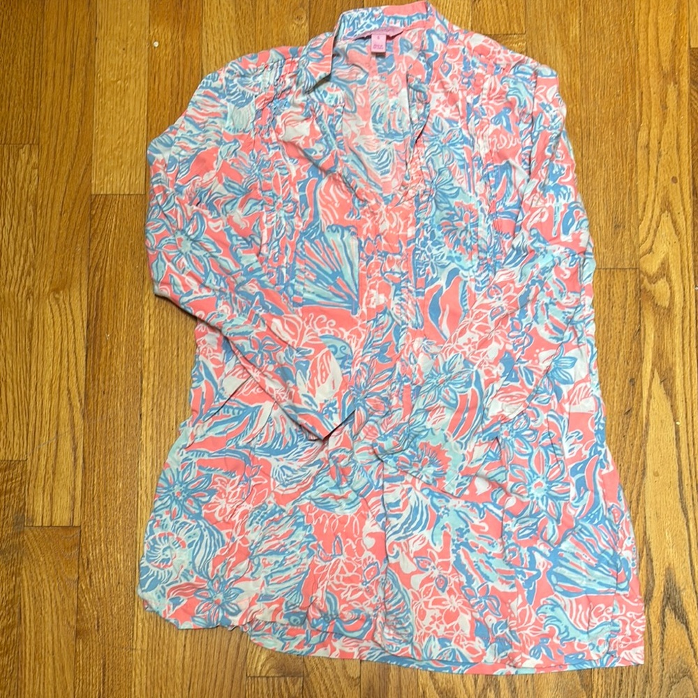 Lilly Pulitzer Pink and Blue Button Down Shirt with Notched Collar